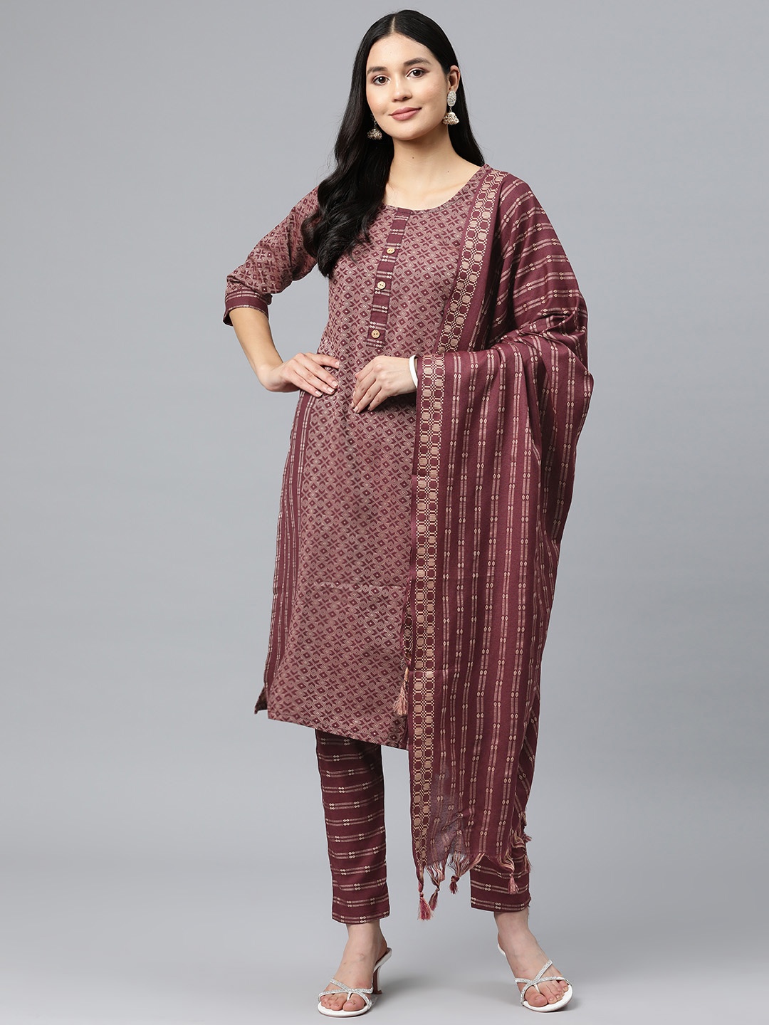 

WEAVETECH IMPEX Women Ethnic Motifs Regular Kurta with Trousers & Dupatta, Maroon