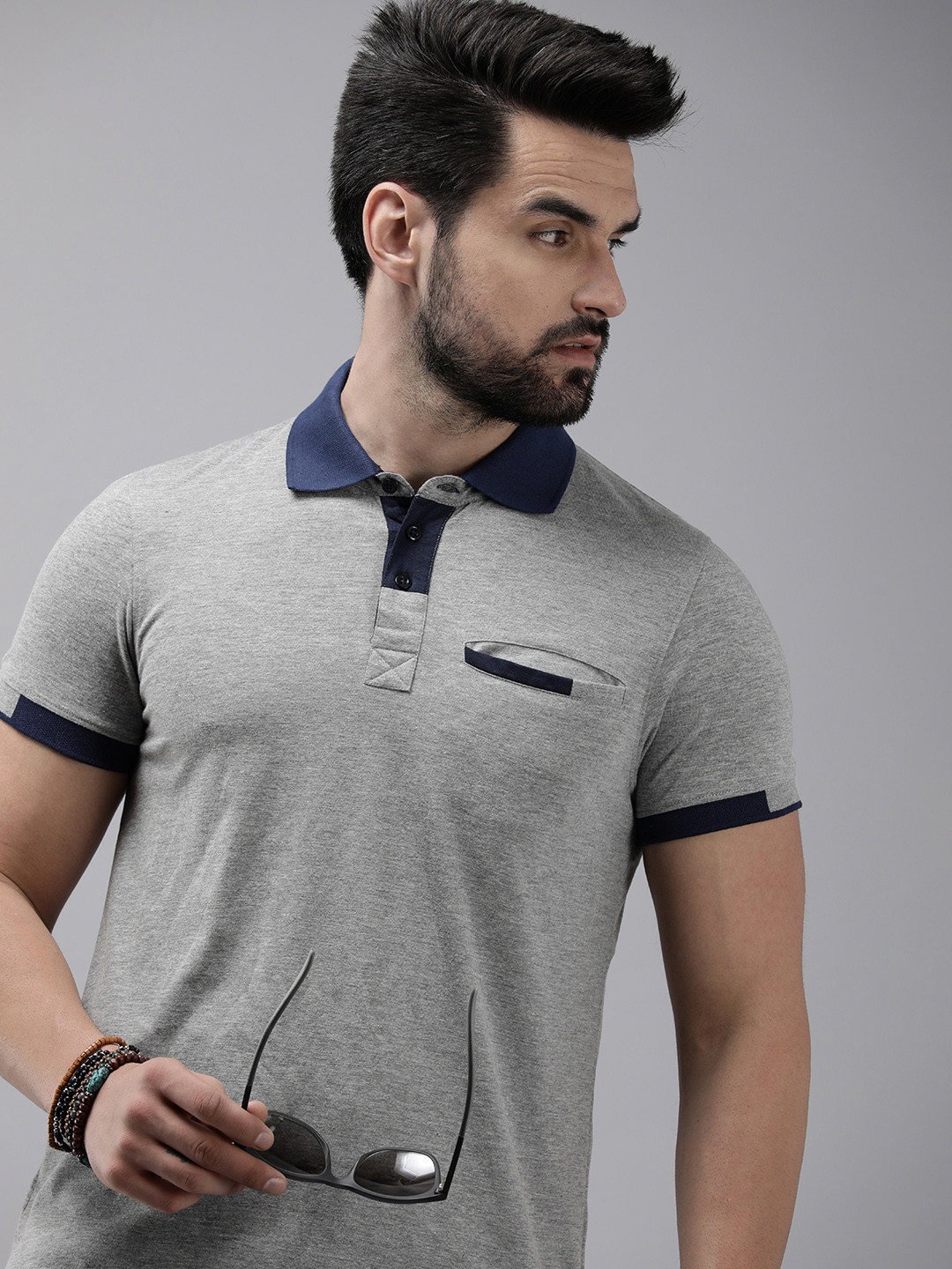 

Roadster Men Grey Melange Polo Collar Pockets T-shirt