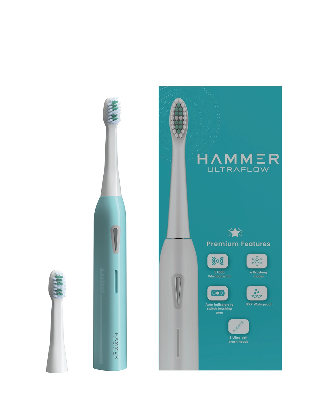 

HAMMER Ultraflow Electric Toothbrush with 3 Replaceable Brush Heads & 6 Modes - Blue