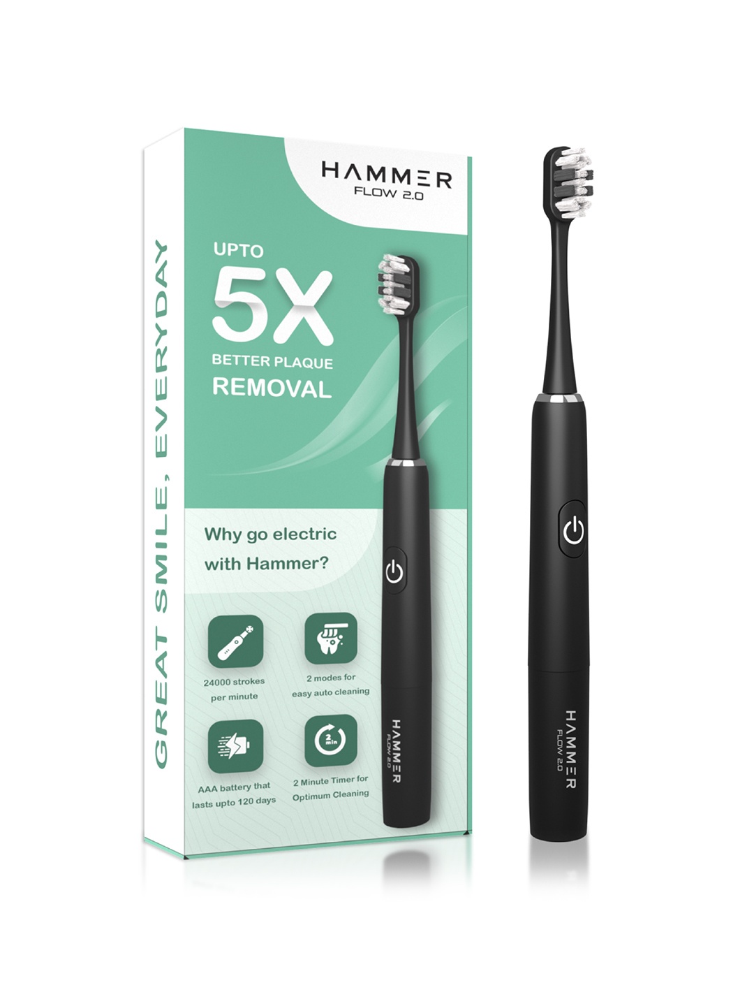 

HAMMER Flow 2.0 Super-Soft Bristles Electric Toothbrush & 2 Replaceable Brush Heads- Black