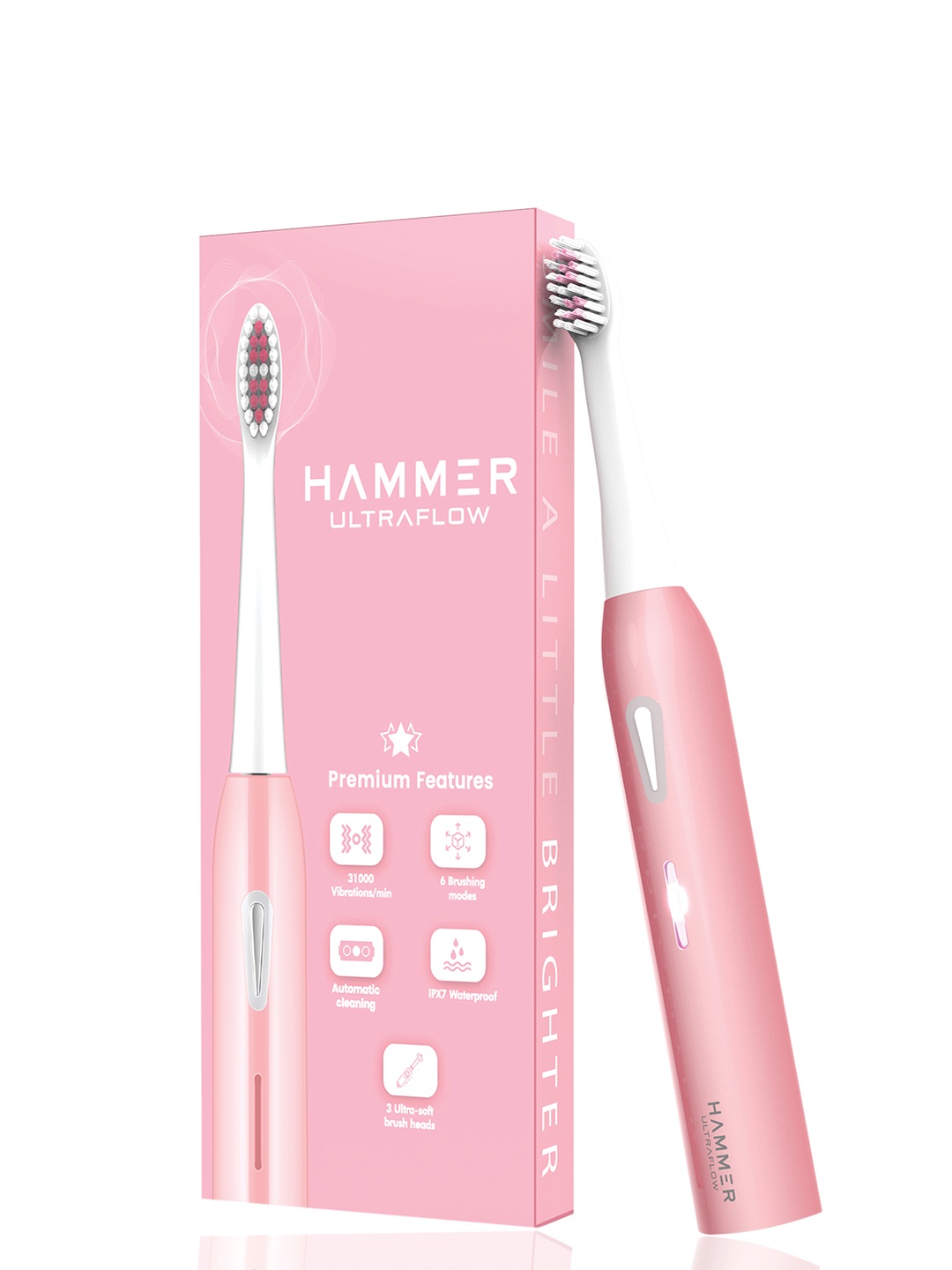 

HAMMER Ultraflow Electric Toothbrush with 3 Replaceable Brush Heads & 6 Modes - Pink