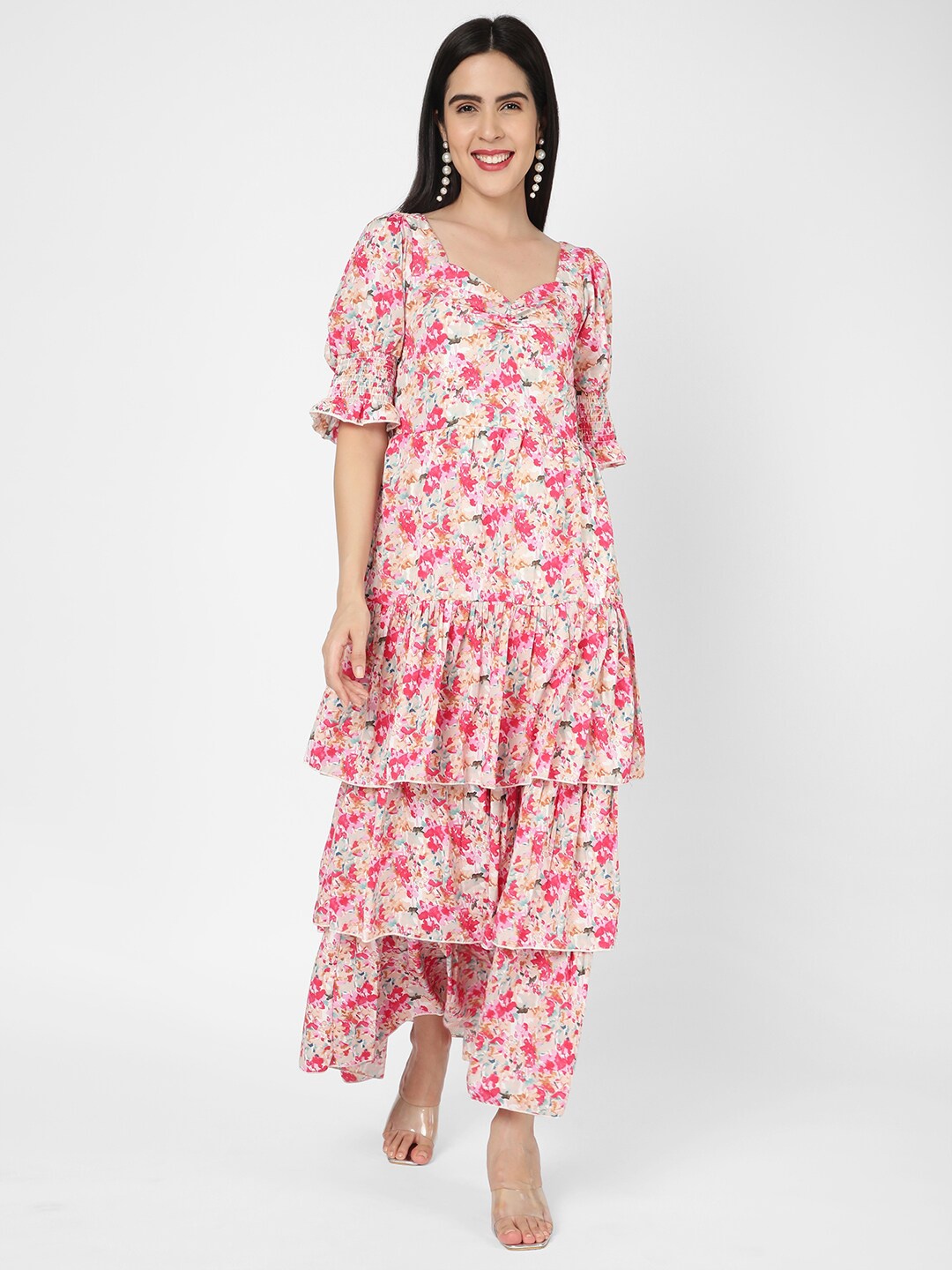 

R&B Floral Printed Layered A-Line Dress, Pink