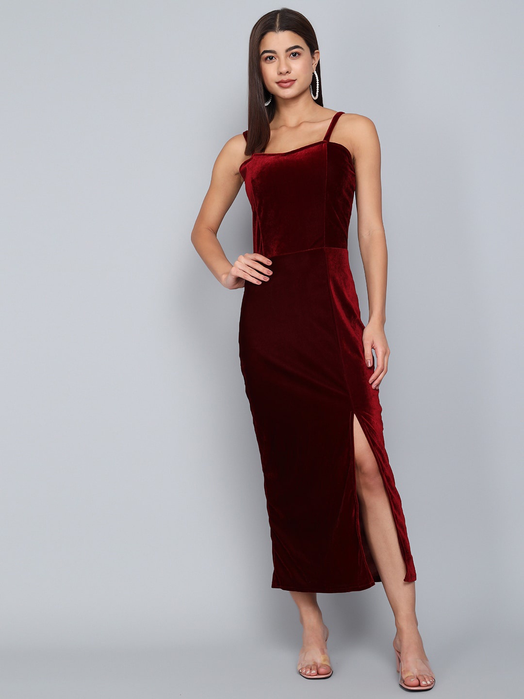 

VAARARO Shoulder Strap Velvet Sheath Midi Dress, Maroon