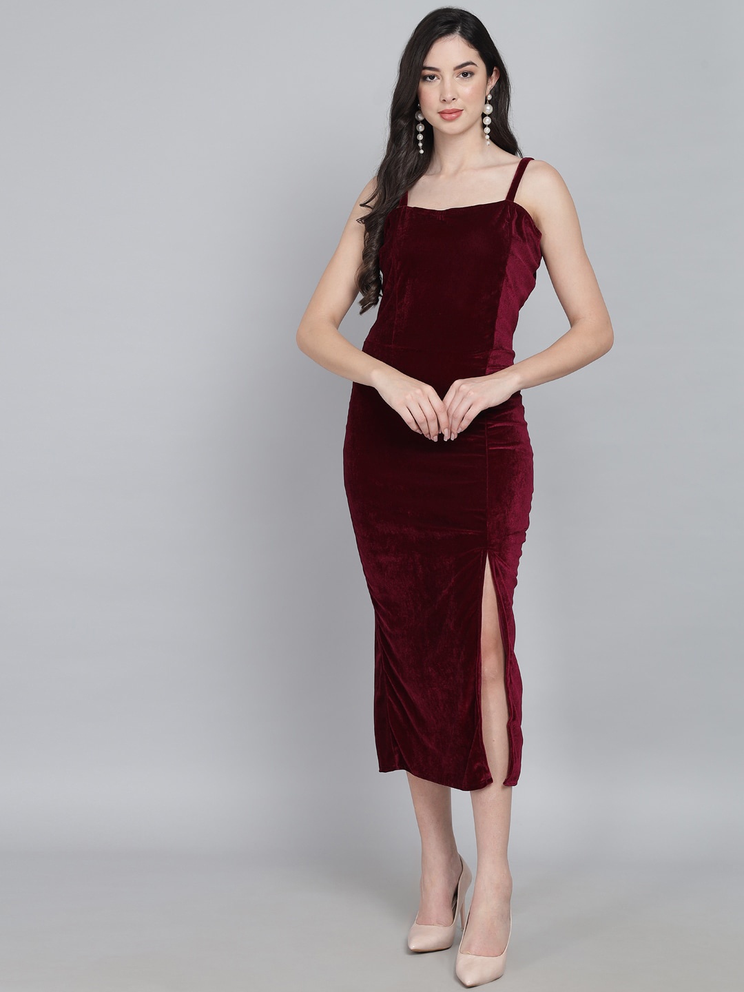 

VAARARO Shoulder Strap Velvet Sheath Midi Dress, Burgundy