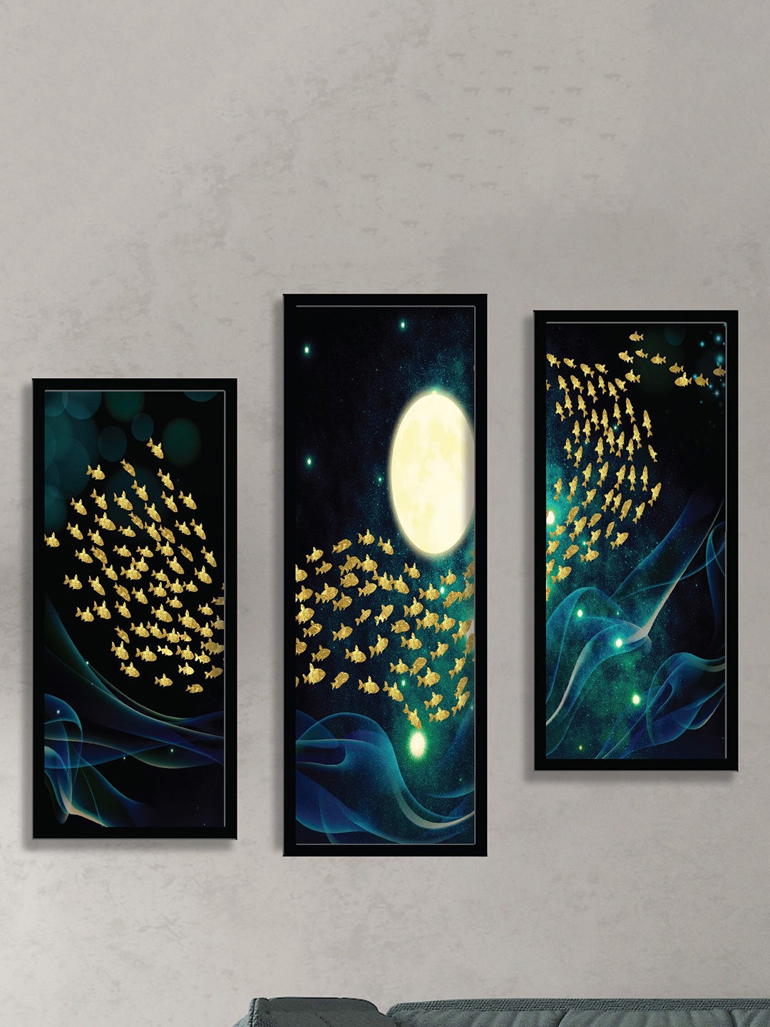 

SAF Black & Blue 3 Pieces Printed Fish Wall Art