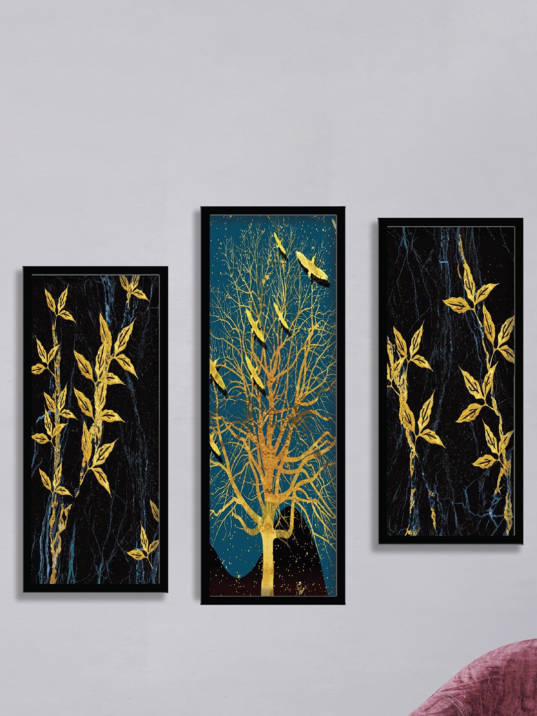 

SAF Black & Blue 3 Pieces Tree & Birds Painting Wall Art