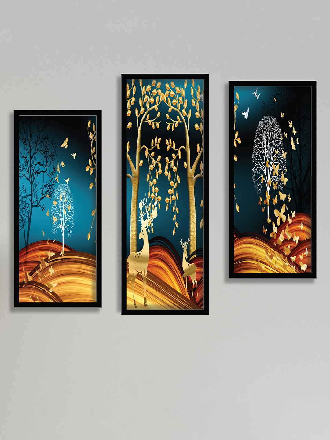 

SAF Blue & Beige 3 Pieces Tree And Deer Painting Wall Art