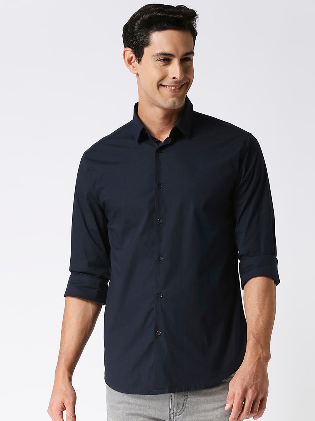 

DRAGON HILL Slim Fit Spread Collar Long Sleeves Casual Shirt, Navy blue