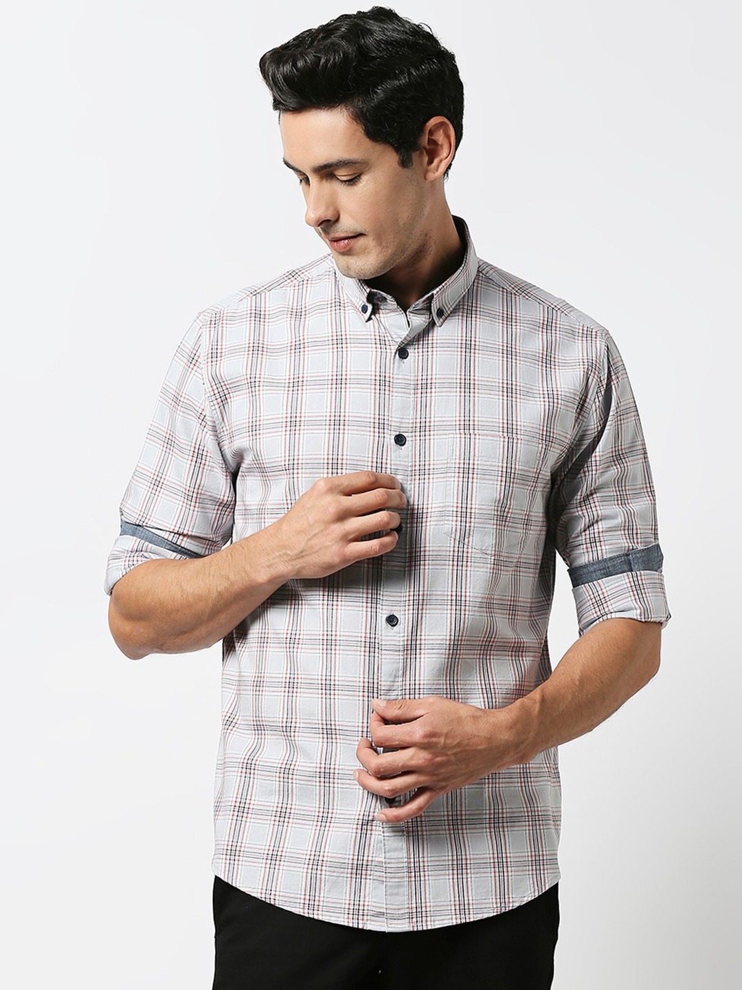

DRAGON HILL Checked Button Down Collar Oxford Cotton Slim Fit Casual Shirt, Grey