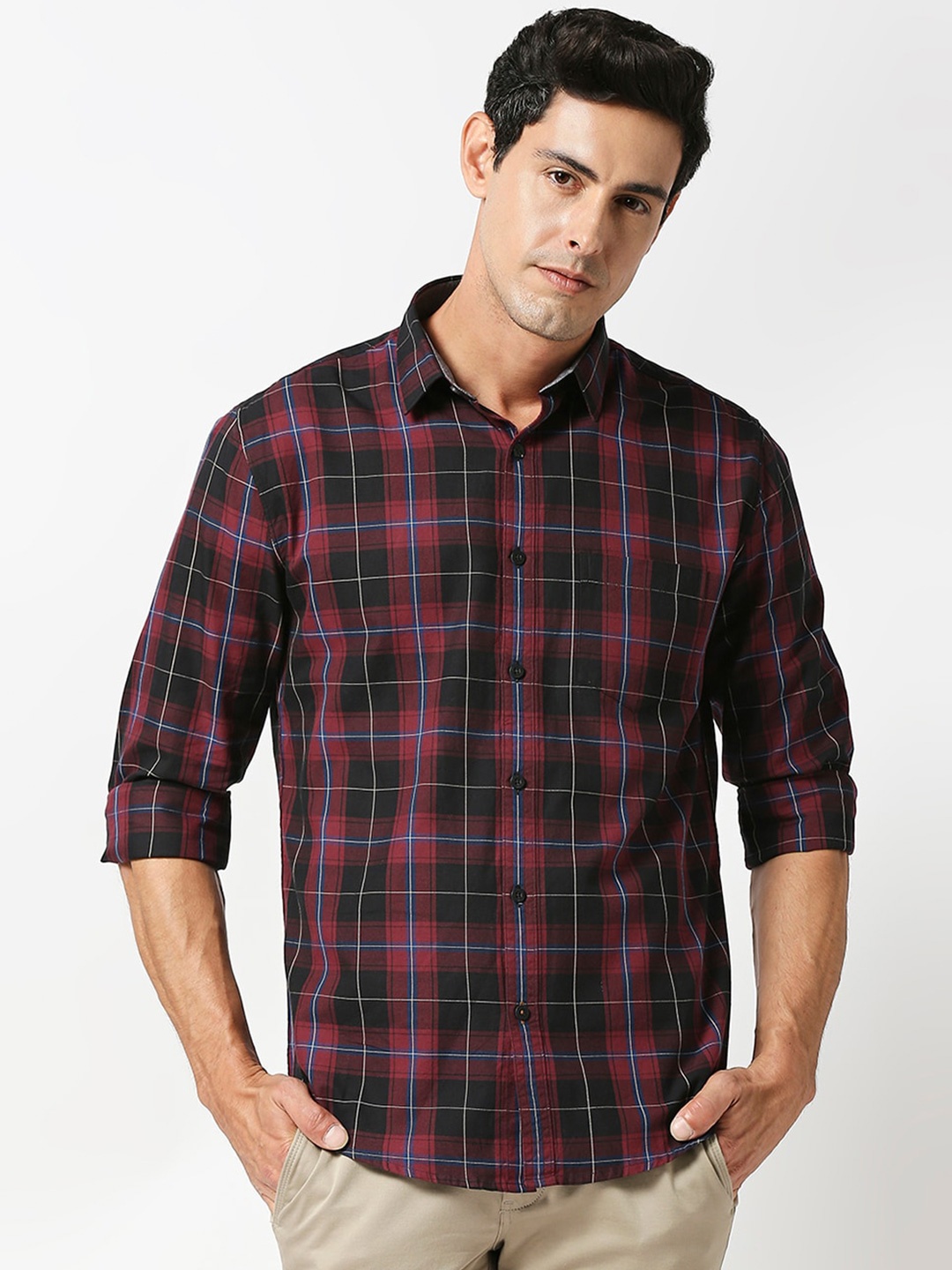 

DRAGON HILL Tartan Checked Slim Fit Twill Cotton Casual Shirt, Maroon