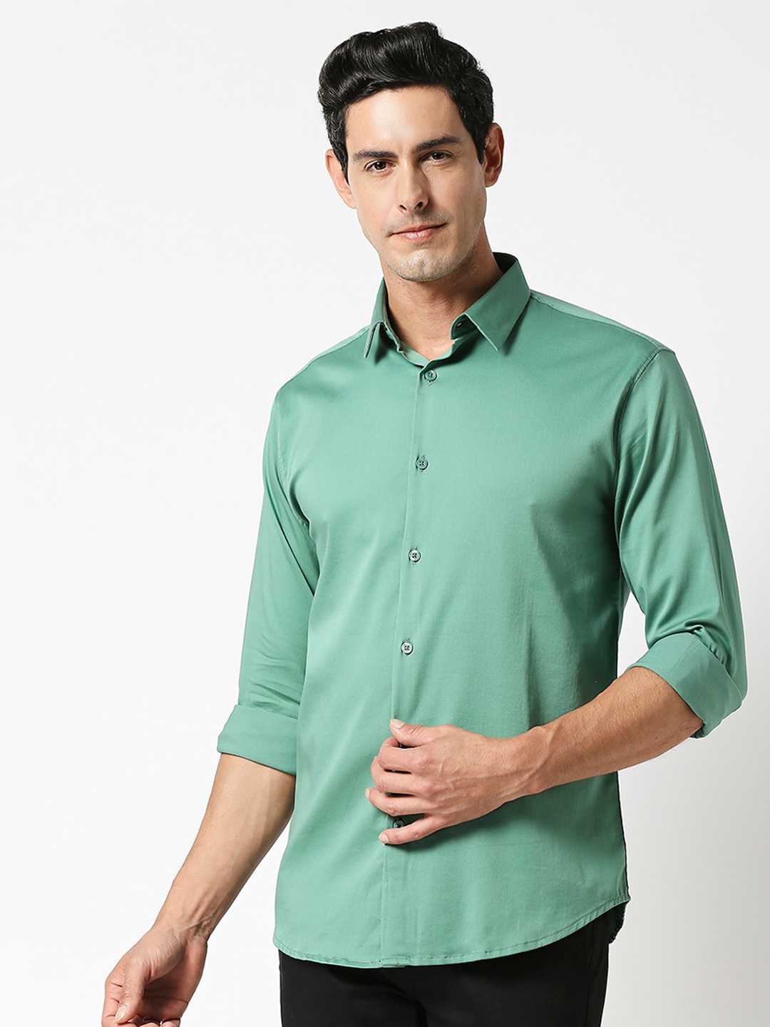 

DRAGON HILL Slim Fit Spread Collar Long Sleeves Casual Shirt, Green