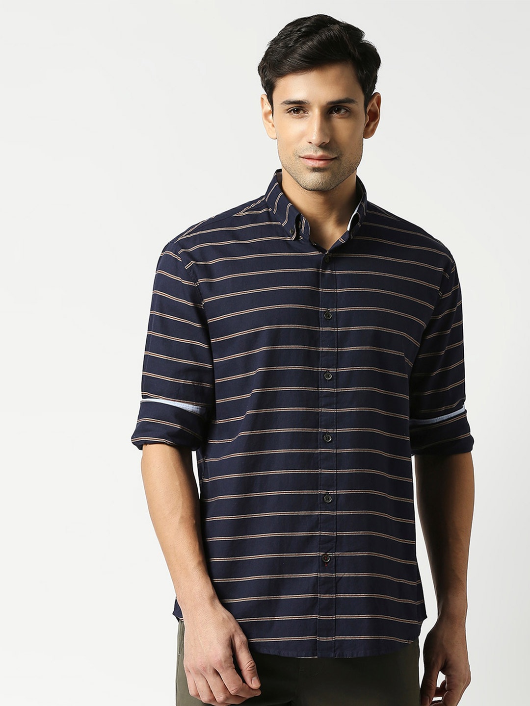 

DRAGON HILL Slim Fit Horizontal Striped Cotton Casual Shirt, Navy blue