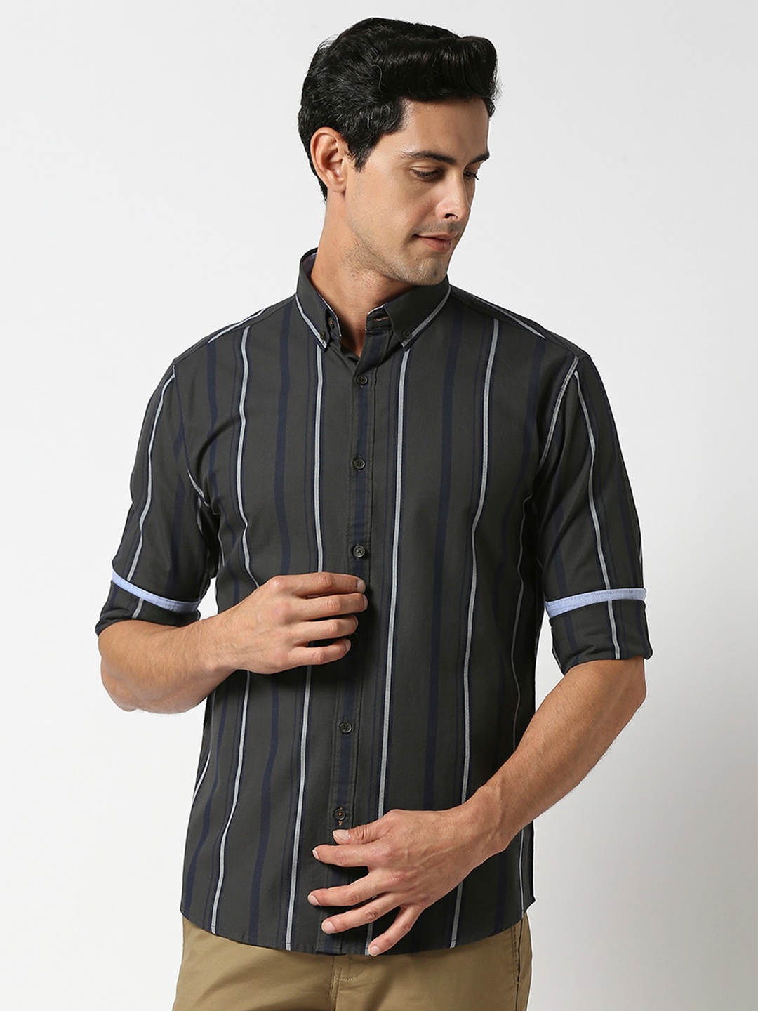 

DRAGON HILL Slim Fit Striped Spread Collar Cotton Casual Shirt, Green