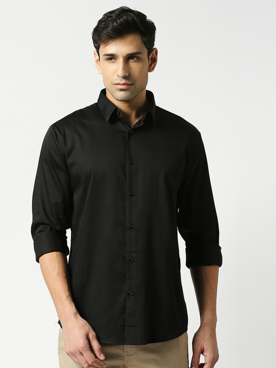 

DRAGON HILL Slim Fit Spread Collar Long Sleeves Casual Satin Shirt, Black