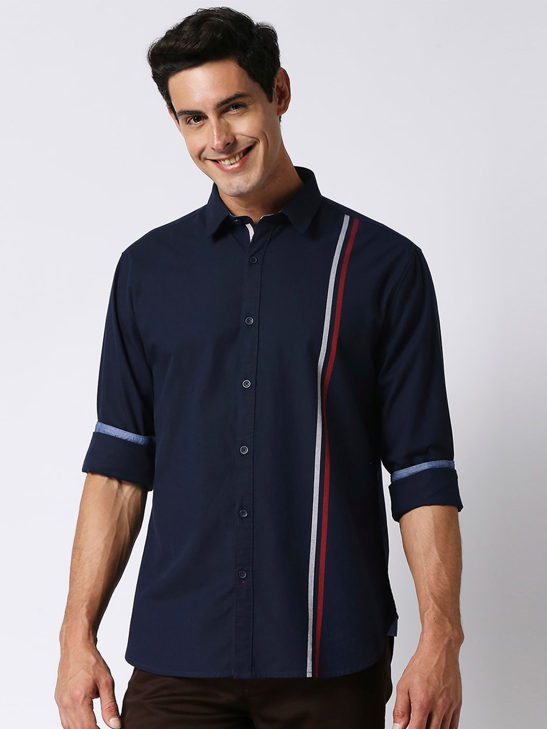 

DRAGON HILL Slim Fit Spread Collar Long Sleeves Casual Shirt, Navy blue