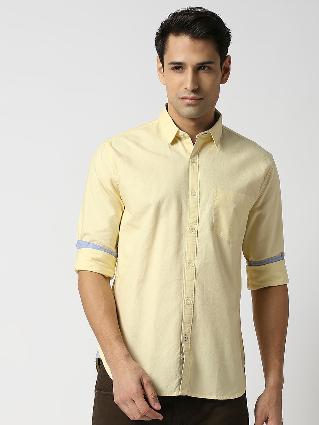 

DRAGON HILL Slim Fit Spread Collar Long Sleeves Casual Shirt, Yellow