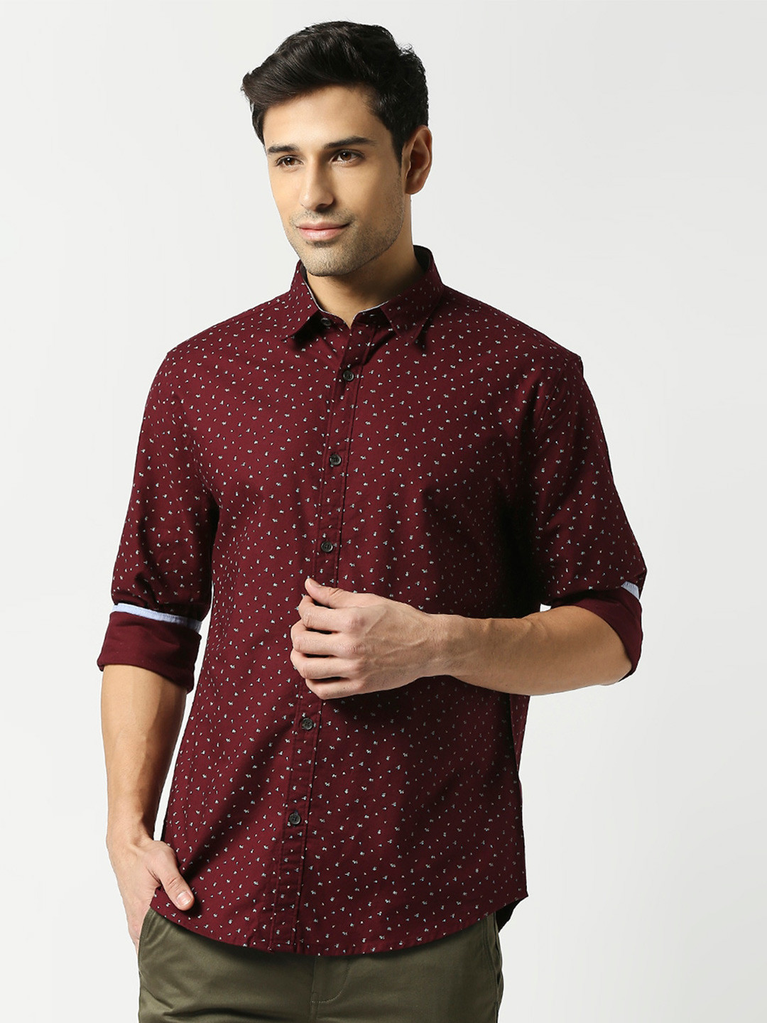 

DRAGON HILL Slim Fit Micro Ditsy Printed Oxford Cotton Casual Shirt, Maroon