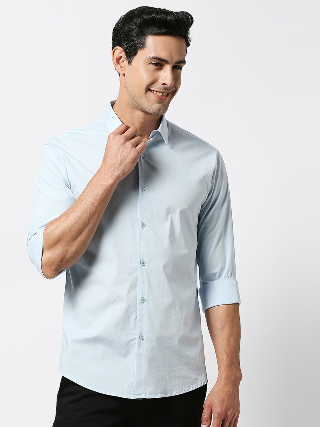 

DRAGON HILL Slim Fit Spread Collar Long Sleeves Casual Shirt, Blue