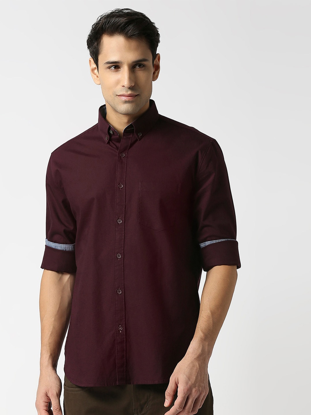 

DRAGON HILL Spread Collar Oxford Cotton Slim Fit Casual Shirt, Maroon