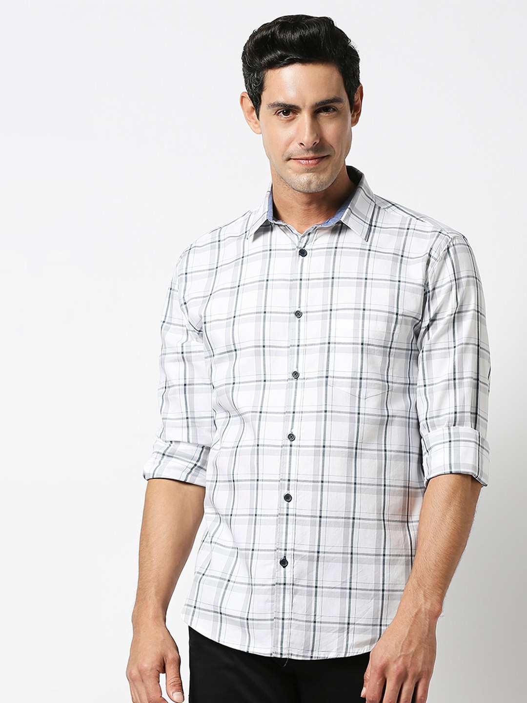 

DRAGON HILL Slim Fit Windowpane Checked Twill Cotton Casual Shirt, White