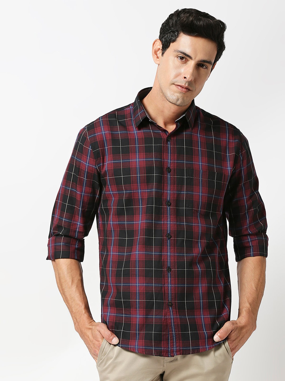 

DRAGON HILL Tartan Checked Slim Fit Twill Cotton Casual Shirt, Maroon