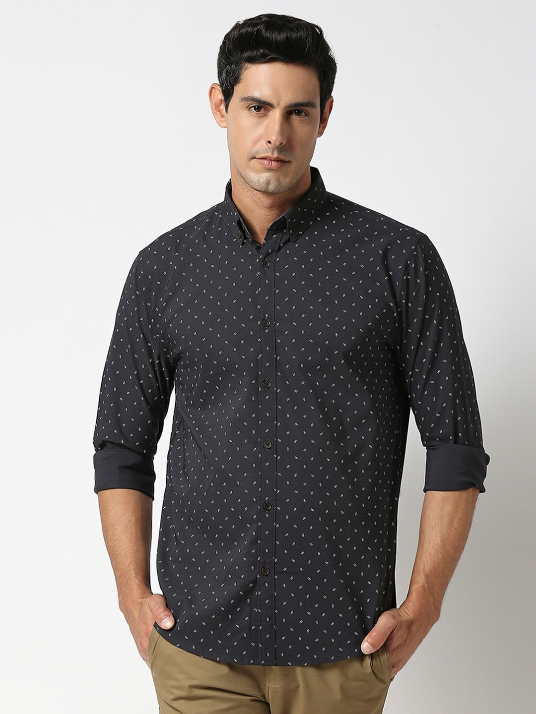 

DRAGON HILL Slim Fit Micro Ditsy Printed Button Down Collar Oxford Casual Shirt, Grey