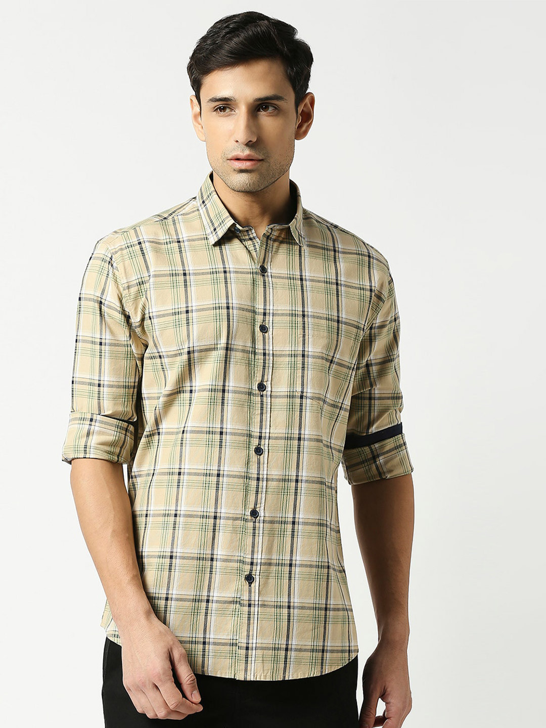 

DRAGON HILL Tartan Checked Slim Fit Oxford Cotton Casual Shirt, Beige
