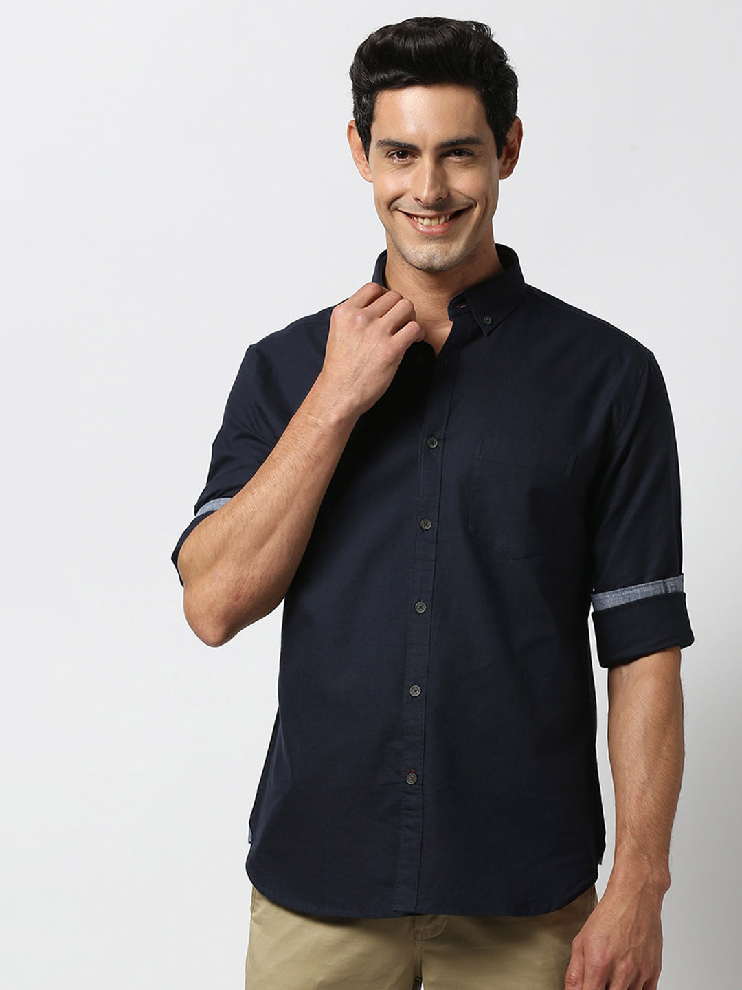 

DRAGON HILL Slim Fit Button Down Collar Oxford Cotton Casual Shirt, Navy blue