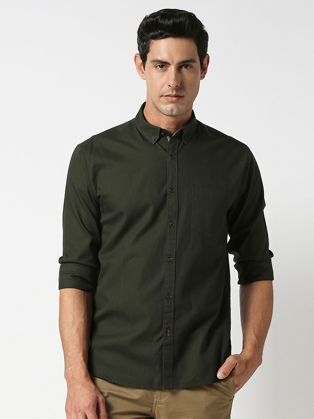 

DRAGON HILL Slim Fit Button-Down Collar Cotton Casual Shirt, Green