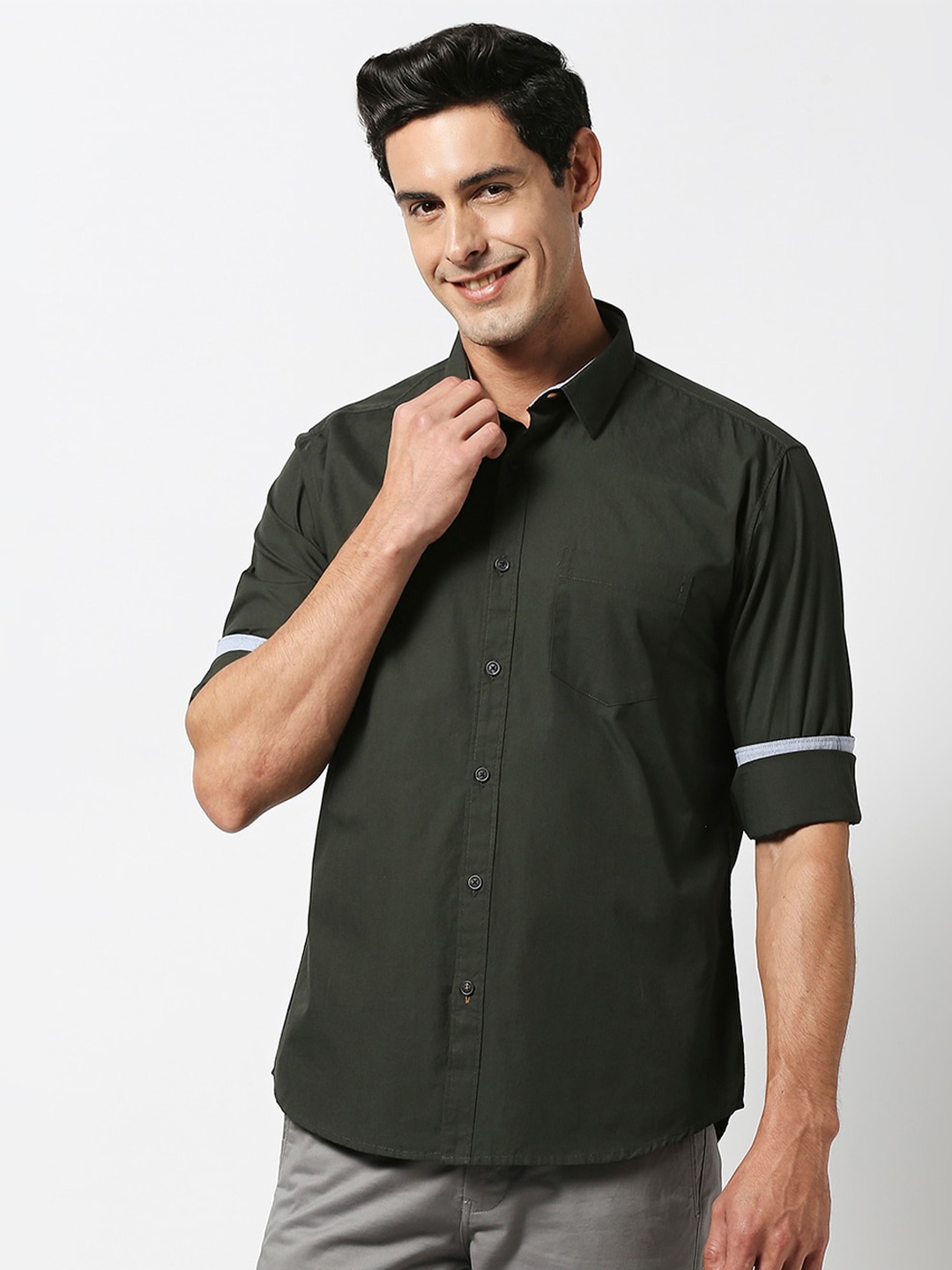 

DRAGON HILL Spread Collar Cotton Slim Fit Casual Shirt, Green