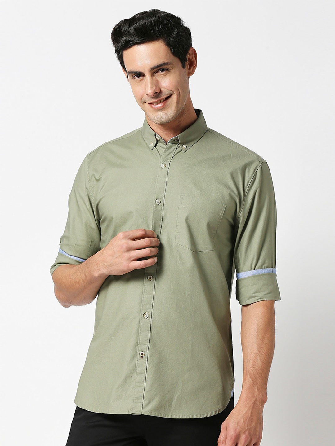 

DRAGON HILL Slim Fit Button Down Collar Pure Cotton Casual Shirt, Green