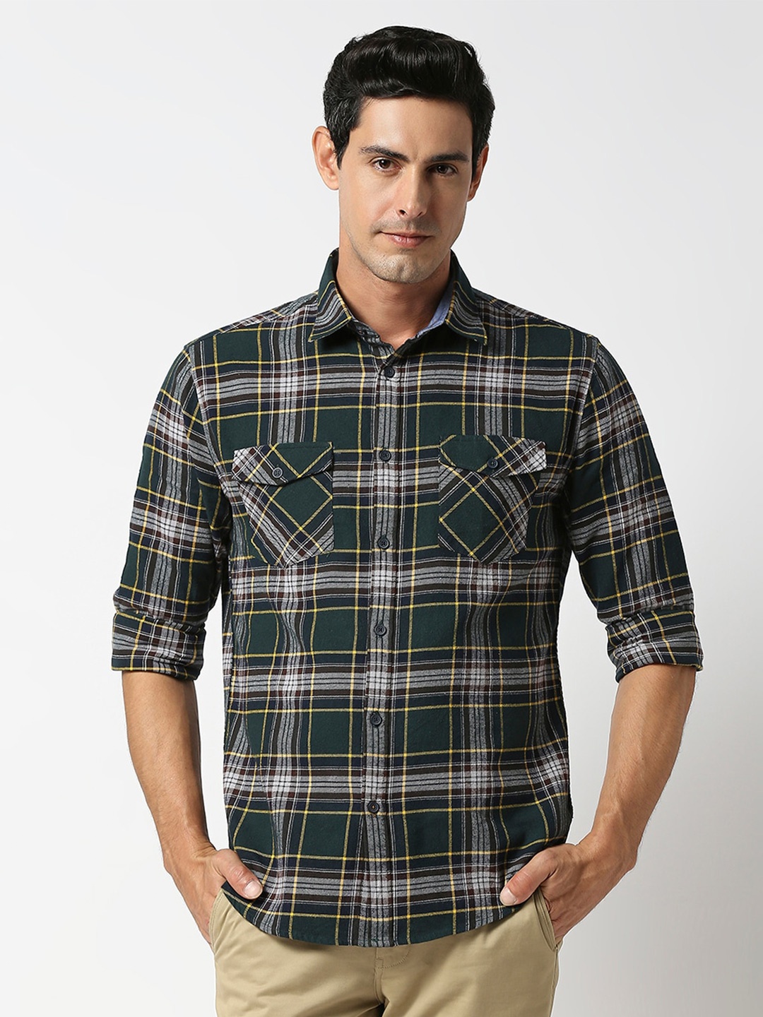 

DRAGON HILL Tartan Checked Slim Fit Twill Cotton Casual Shirt, Green