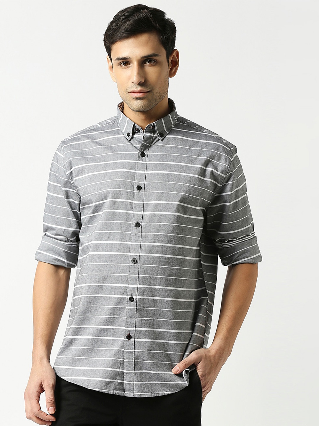 

DRAGON HILL Horizontal Striped Button-Down Collar Slim Fit Oxford Cotton Casual Shirt, Grey