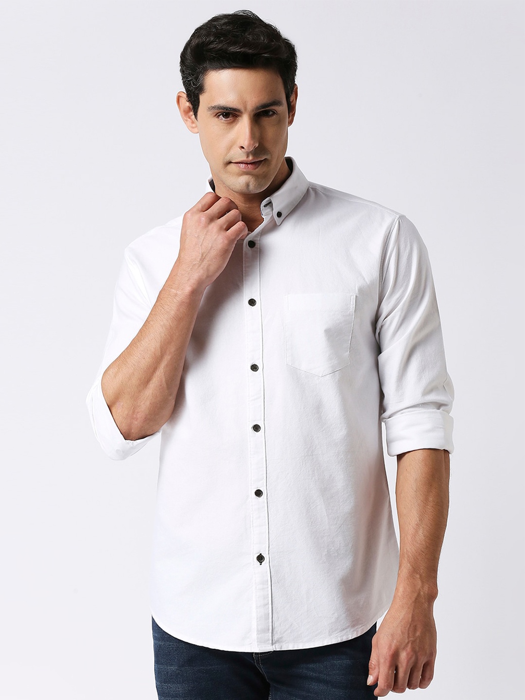 

DRAGON HILL Slim Fit Button Down Collar Oxford Cotton Casual Shirt, White