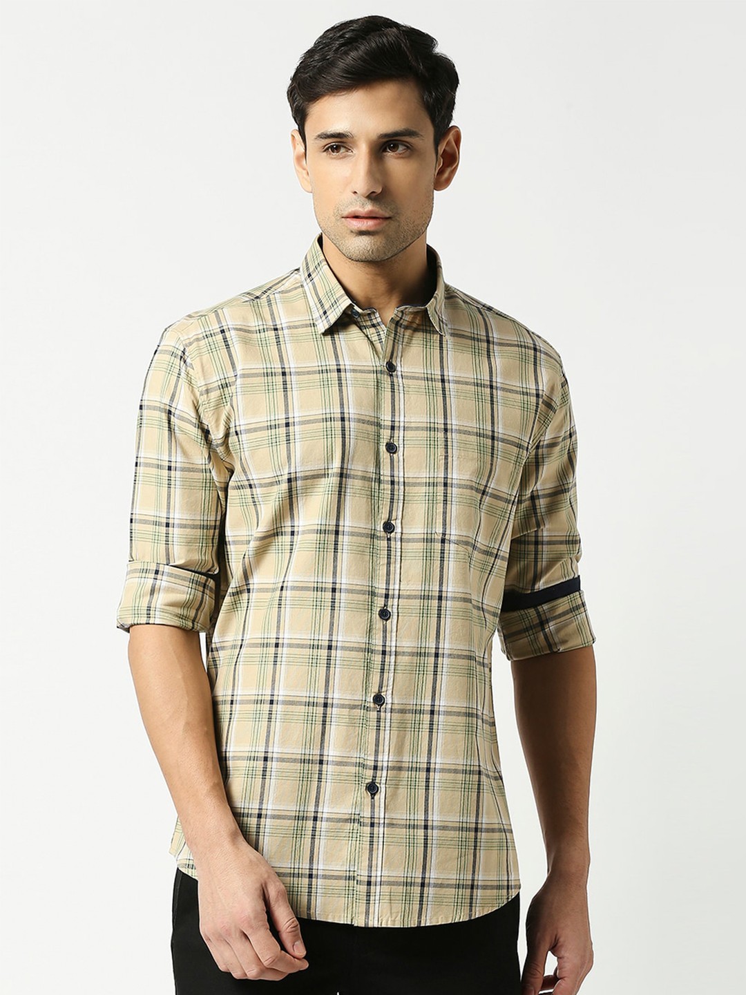 

DRAGON HILL Slim Fit Tartan Checked Oxford Cotton Casual Shirt, Beige