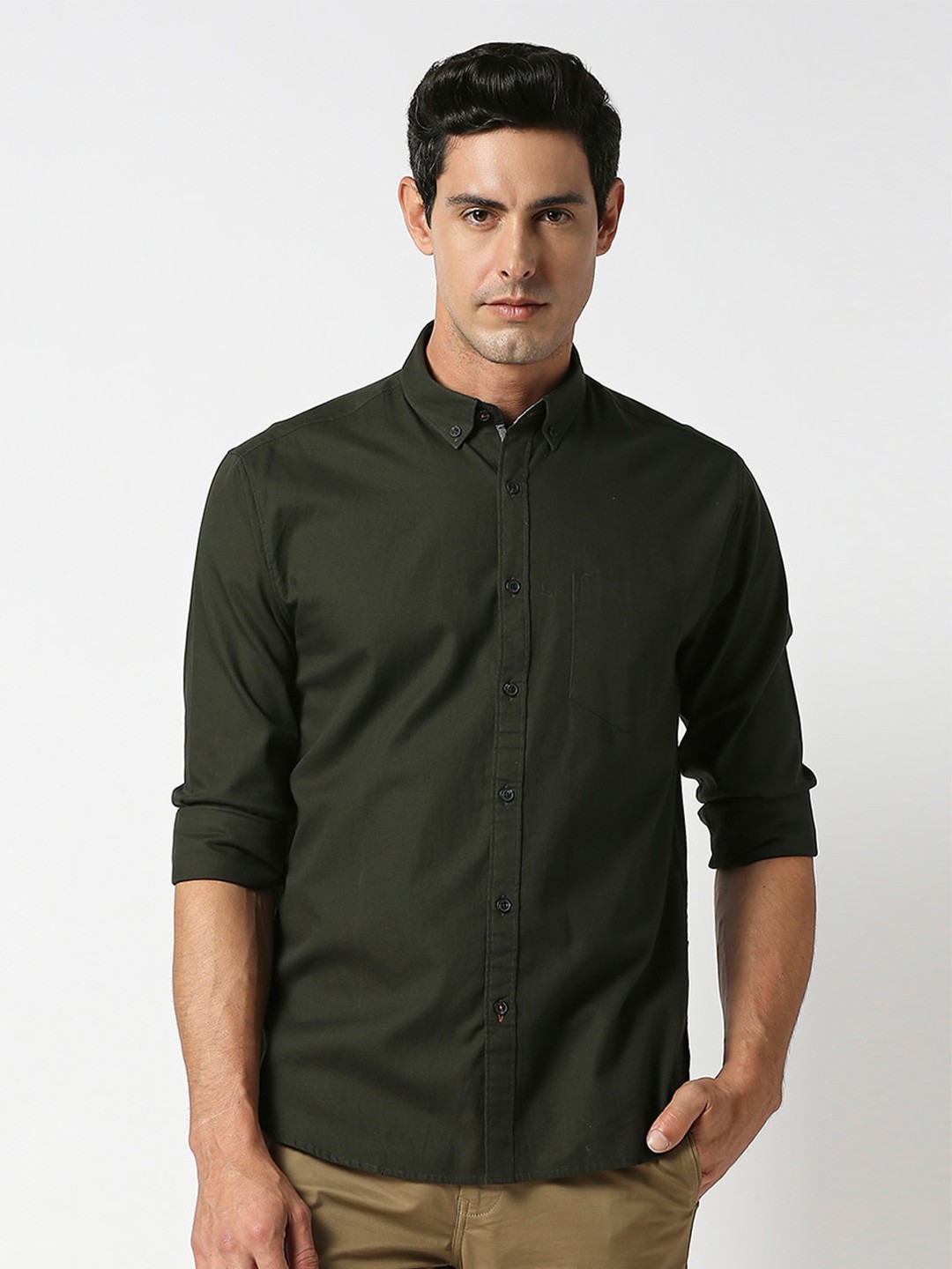 

DRAGON HILL Button Down Collar Cotton Slim Fit Casual Shirt, Green