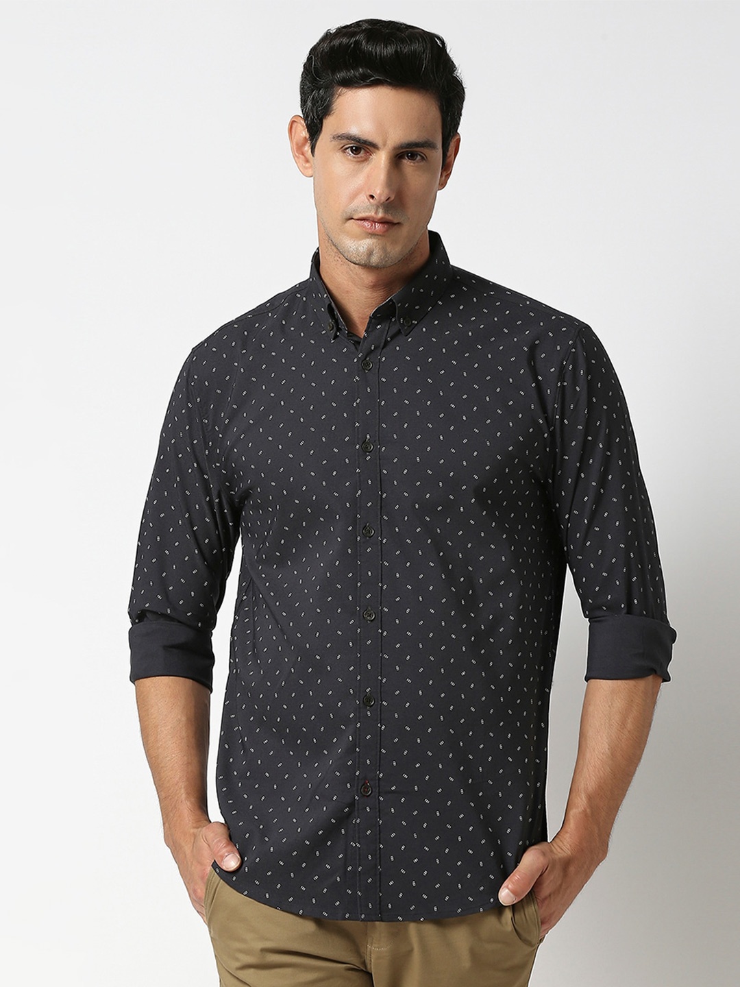 

DRAGON HILL Micro Ditsy Printed Slim Fit Oxford Cotton Casual Shirt, Charcoal