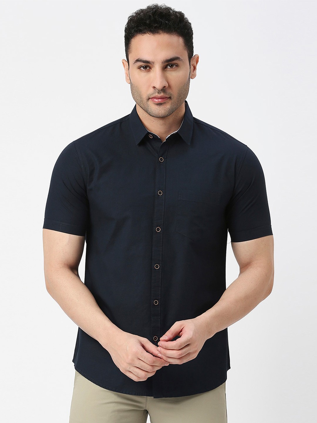 

DRAGON HILL Slim Fit Pure Cotton Casual Shirt, Navy blue