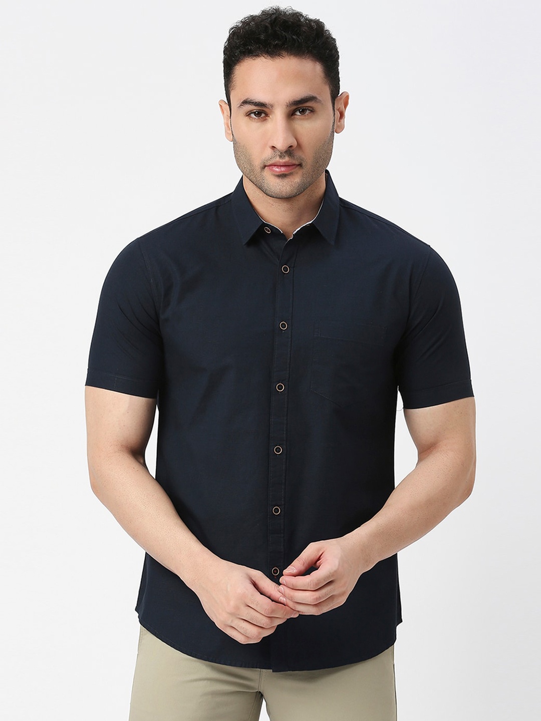 

DRAGON HILL Slim Fit Pure Cotton Casual Shirt, Navy blue