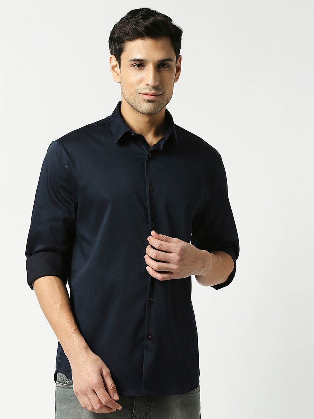 

DRAGON HILL Spread Collar Slim Fit Casual Shirt, Navy blue