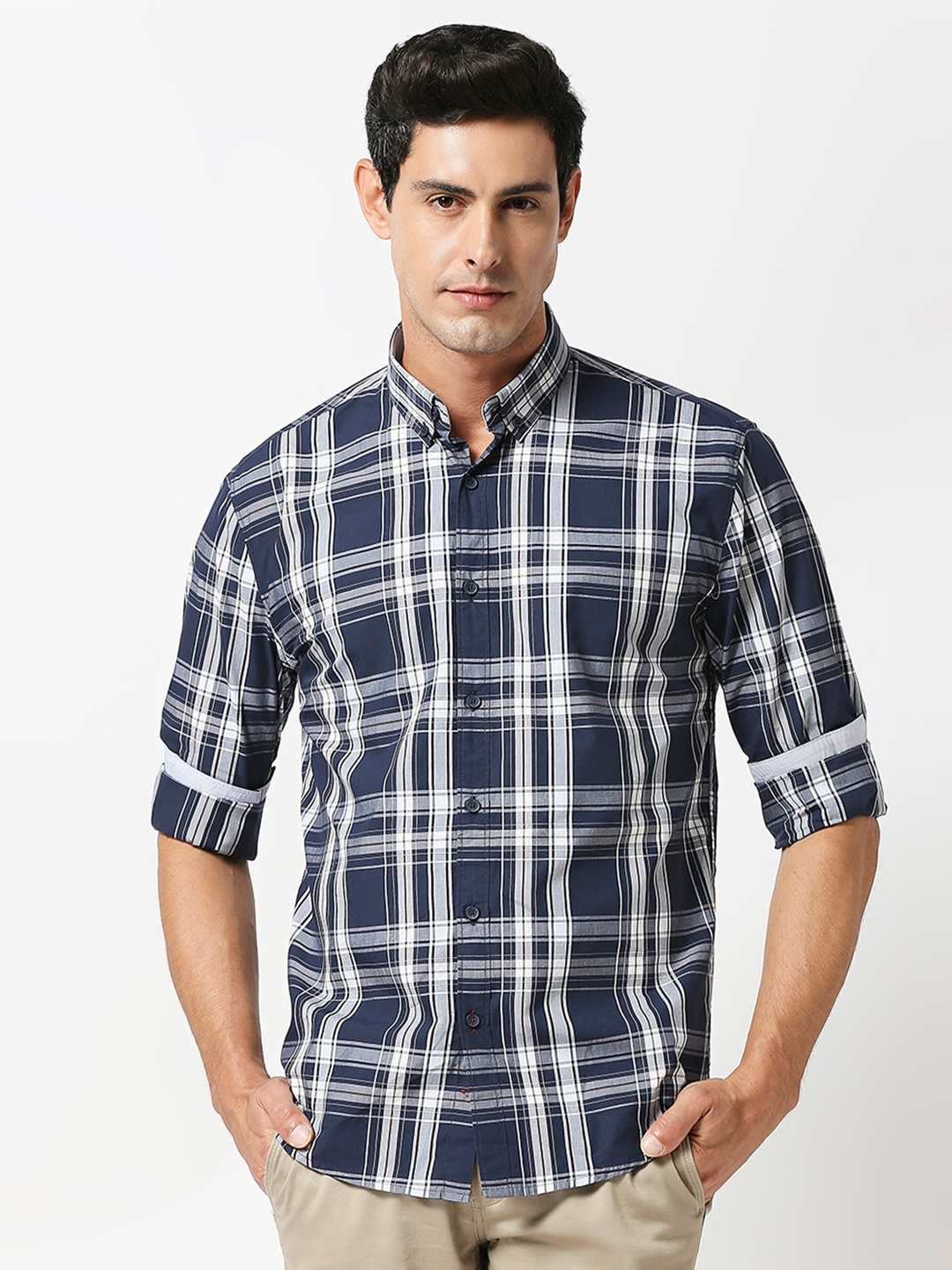 

DRAGON HILL Tartan Checked Button Down Collar Cotton Slim Fit Casual Shirt, Navy blue