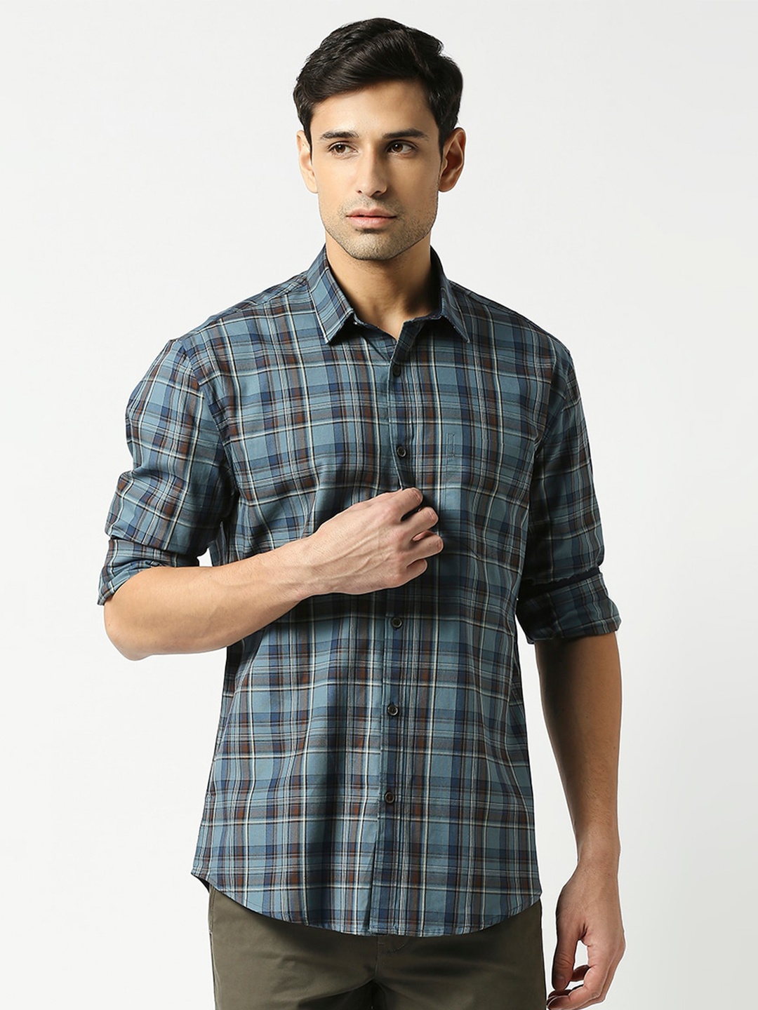 

DRAGON HILL Tartan Checked Slim Fit Twill Cotton Casual Shirt, Blue