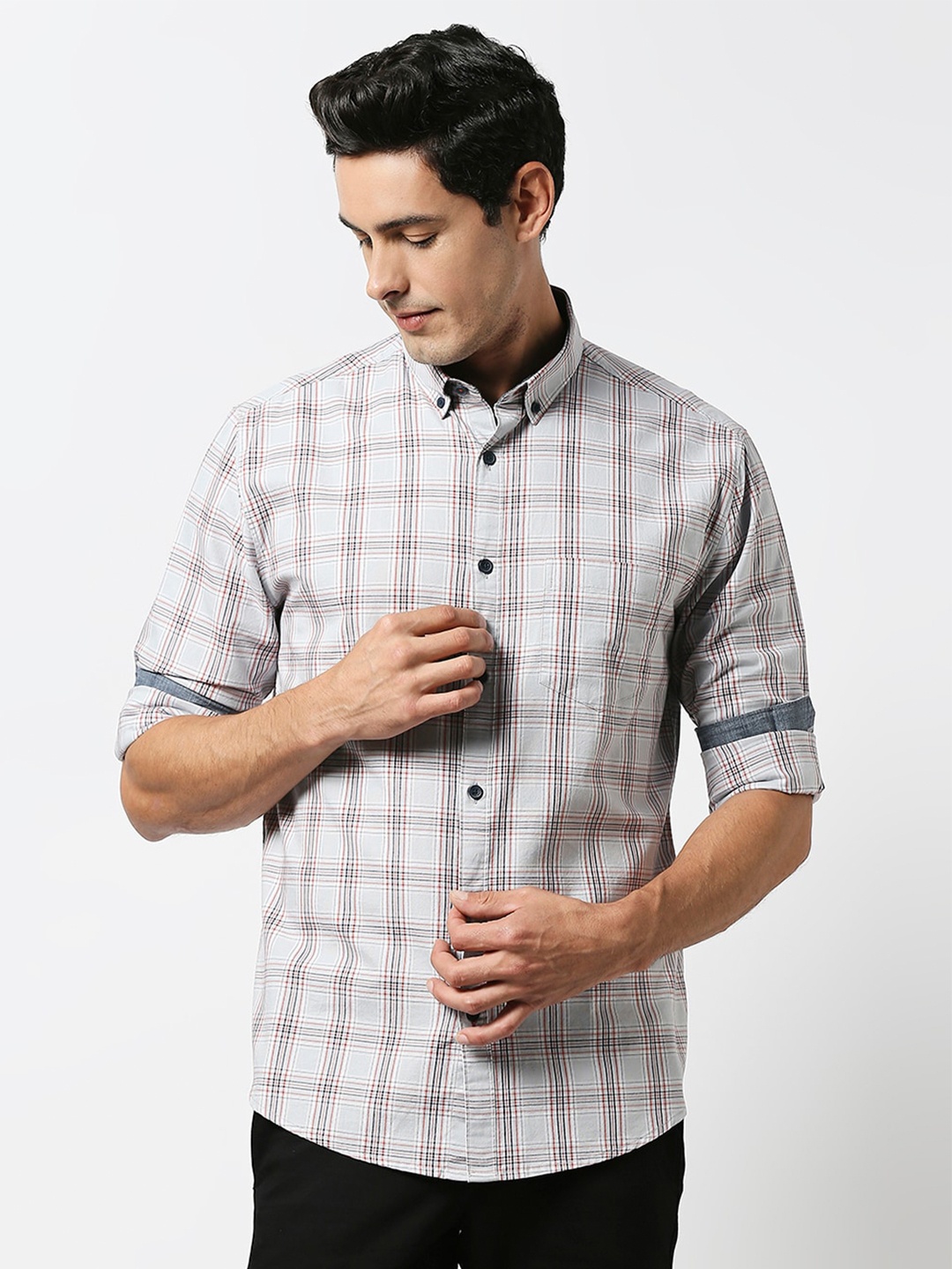 

DRAGON HILL Slim Fit Tartan Checked Button Down Collar Oxford Cotton Casual Shirt, Grey