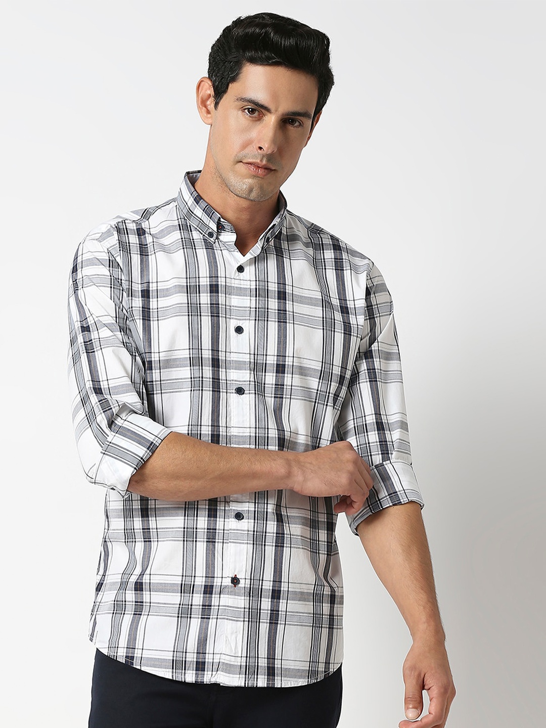 

DRAGON HILL Slim Fit Tartan Checked Twill Casual Shirt, White