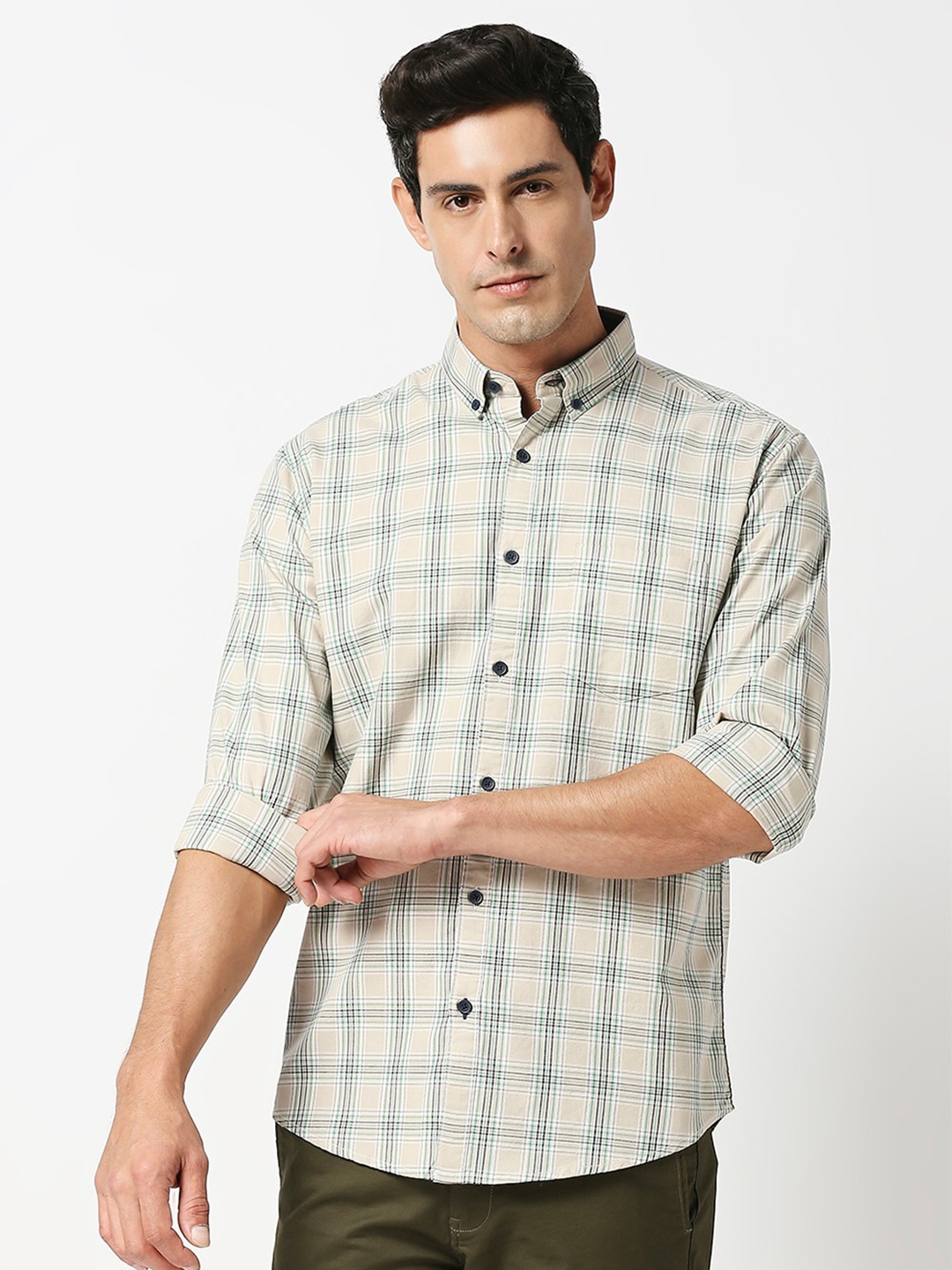 

DRAGON HILL Checked Button Down Collar Oxford Cotton Slim Fit Casual Shirt, Beige