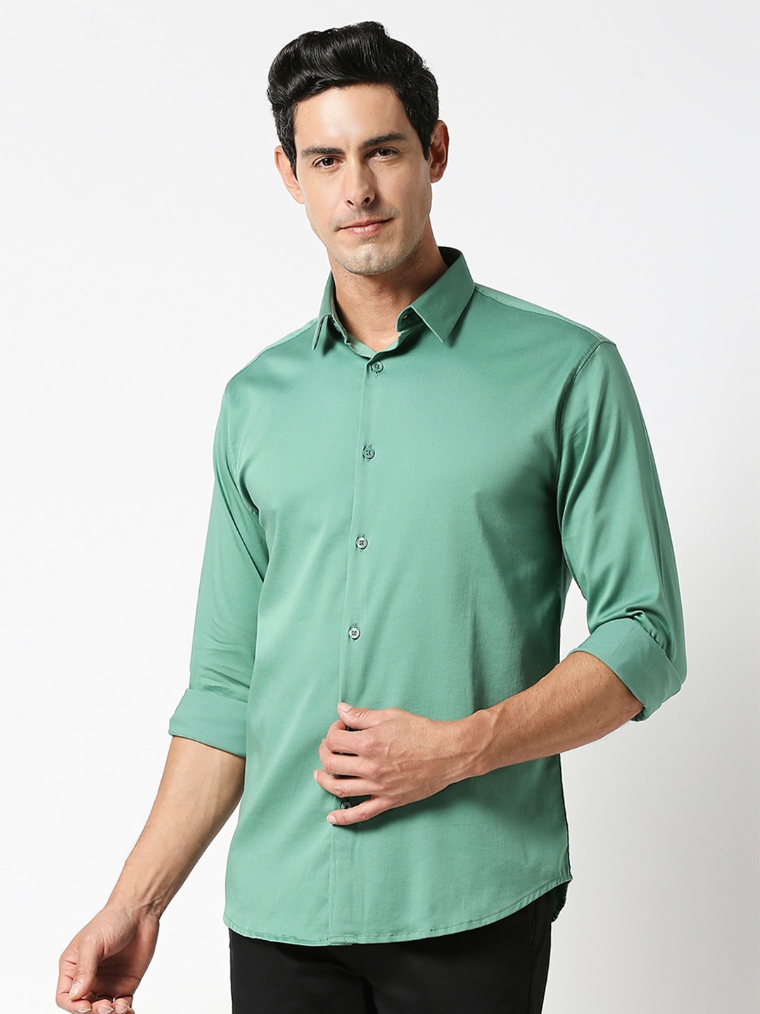 

DRAGON HILL Slim Fit Spread Collar Casual Shirt, Green