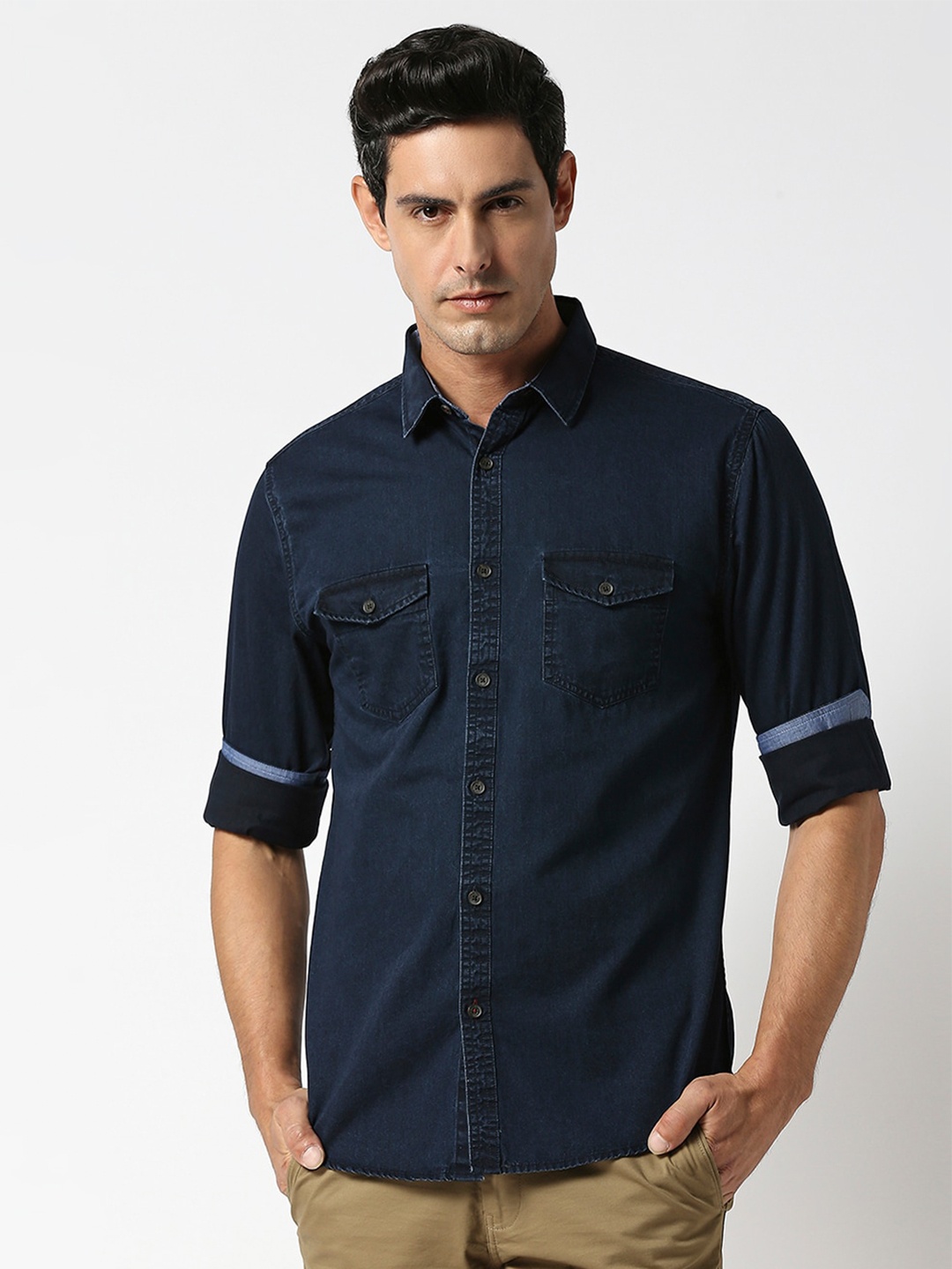 

DRAGON HILL Slim Fit Spread Collar Denim Cotton Casual Shirt, Blue