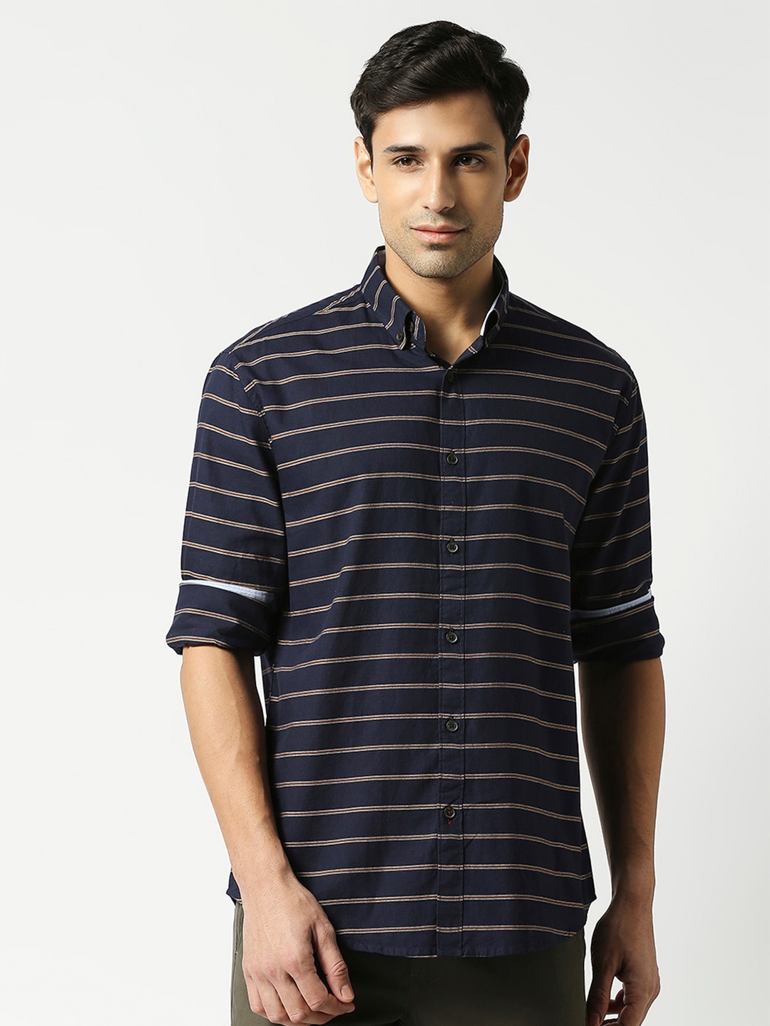 

DRAGON HILL Horizontal Striped Slim Fit Oxford Cotton Casual Shirt, Navy blue