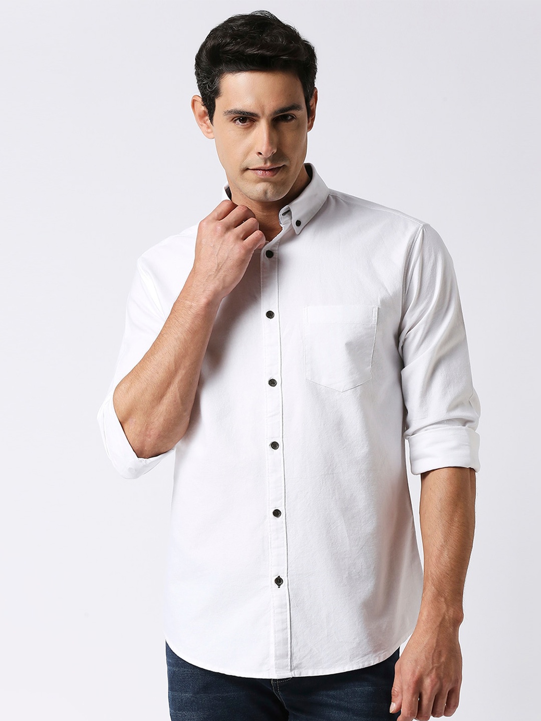 

DRAGON HILL Button Down Collar Oxford Cotton Slim Fit Casual Shirt, White