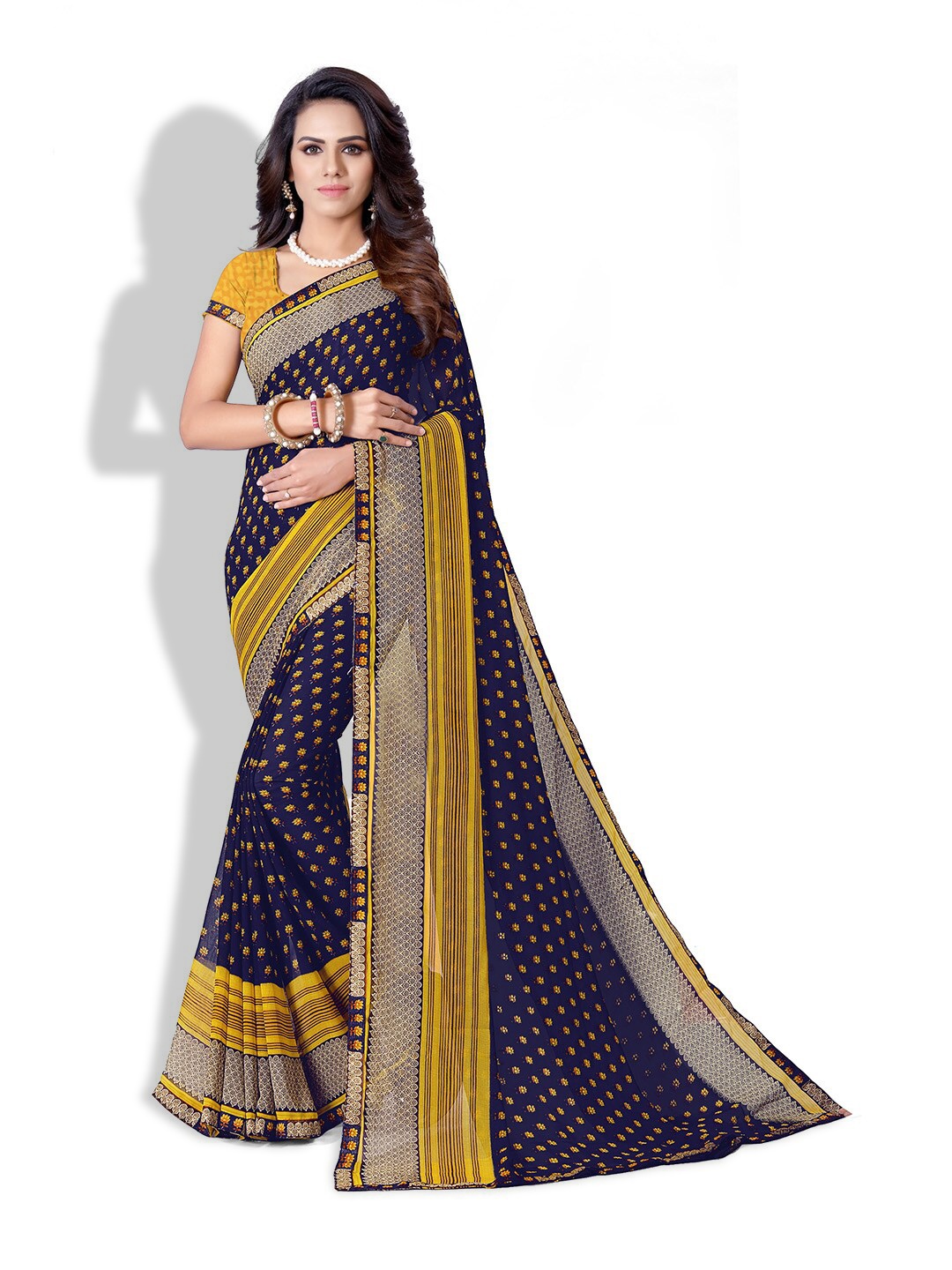 

Shaily Floral Pure Georgette Saree With Blouse Piece, Navy blue